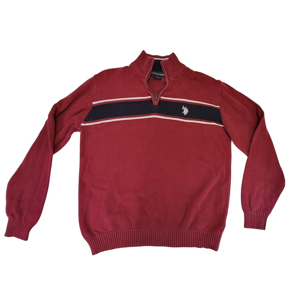 U.S. Polo Assn. Burgundy Quarter Zip‎ Striped Pullover Sweater Mens Large